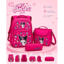Kuromi Desenli Üçlü Kız Çocuk İlkokul Okul Çantası + Termal Beslenme Çantası + Kalemlik Pembe