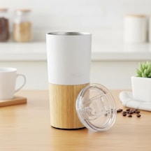 600 Ml Bambu Tabanlı Çelik Termos Mug - 5 Farklı Renk Seçenekli Sıcak Ve Soğuk Tutucu Seyahat Bardağı Beyaz Açık Beyaz