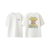 Thewert Retro Nirvana Tasarım Sırt Baskılı Pamuk Beyaz Oversize T-shirt