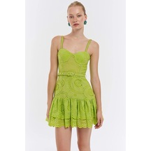 Askılı Dantel Güpür Kabartmalı Fırfırlı Sırtı Esnek Lastikli Mini Neon Fosfor Renk Yazlık Elbise Yeşil