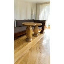 Simillo Wood Ahşap 2'li Set Mantar Yan Sehpa Modern Fiskos / Koyu Ceviz Renkli / Zigon Sehpa Vernikli Kahverengi