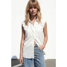 Sateen Kol Detaylı Gömlek - Ekru-137579