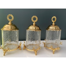 Hera Kristal 3 Lü Geyikli Kapaklı Kavanoz Seti Altın