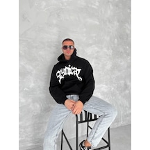 Modi Green Baskılı Unisex Günlük Stil Siyah Üç İplik Kapüşonlu Sweatshirt