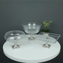 Çnr Home Collection Gümüş Detayli Metal Ayakli 3 Parça Sunum Ve Servis Seti Gümüş