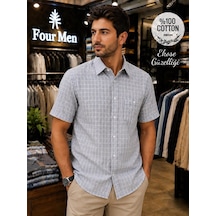 Eren Style Linen Keten Klasik %100 Cotton Kısa Kollu Ekose Pamuklu Tek Cepli Terletmeyen Gömlek Gri