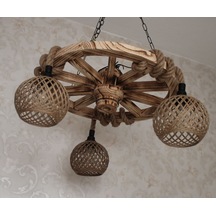 Otantik Çarşı Ahşap Teker Avize 60 Cm. 3 Duylu Hasır Şapkalı Siyah