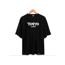 Flood Of Style Erkek Siyah Tokyo Baskılı Oversize Bisiklet Yaka Tshirt