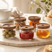 300 Ml Cam Kahvaltılık 5 Li Set, Akasya Kapaklı Şeffaf Cam Saklama Kavanozu, Kahvaltı Sunum Kabı, Zeytin Reçel Bal Kuruyemiş Sos Atıştırmalık Kavanozu Çok Renkli