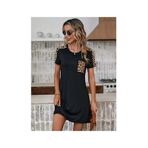 Butik İstanbul Kadın Kısa Kollu Yuvarlak Yaka Cepli Leopar Desen Detaylı Viskon Elbise Siyah
