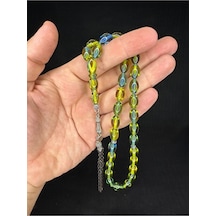 Sevgiliye Özel Hediye Toz Kehribar Tesbih Yeşil-mavi Renkli Arpa Kesim 12mmx8mm H-1665.