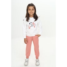Toontoy Kids Toontoy Kız Çocuk 2'li Takım Baskılı Bisiklet Yaka Sweatshirt & Beli Paçası Lastikli Jogger Eşofman Altı - Renk Bloklu & 2 İplik Mercan
