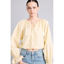 Defacto Regular Fit Büzgülü Balon Kollu Crop Poplin Basic Bluz I4684ax26aubg355 Bej-bg355