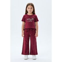 Toontoy Kids Toontoy Kız Çocuk 2'li Takım Taş İşlemi Bisiklet Yaka Kısa Kollu Tişört & Taş İşlemeli Beli Lastikli Bol Paça Eşofman Altı - 2 İplik 24995 Bordo