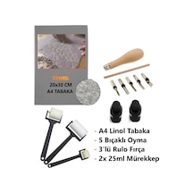 Linol Tabaka Linol Muşamba Levha 2.5 Mm 20x30 Cm 3'lü Sünger Rulo Merdane 5'li Oyma Seti Baskı