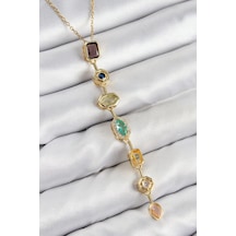 Pirinç Renkli Zirkon Taşlı Model Gold Renk 7 Element Kadın Y Kolye 001 - Beyaz