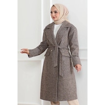 Ertaştrendstore Kadın Kaşe Kaban Uzun Boy Kruvaze Yaka Kuşaklı Tesettür Kaşe Kaban Astarlı Yünlü - Vizon Çok Renk