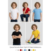 Nacar Store Çocuk T-shirt 5'li Paket Kırmızı-beyaz-siyah-sarı-mavi Pamuklu Likralı Tişört Kırmızı-beyaz-sarı-siyah-mavi