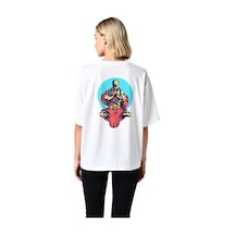 Paybuy Kadın Oversize Meditasyon Figürü Baskılı Tişört %100 Pamuk Rahat Beyaz