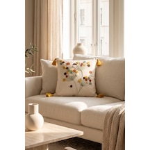 Polen Punch Nakışlı Çiçek Desenli Dekoratif Gizli Fermuarlı Püsküllü Kırlent Kılıfı 42 X 42 Cm Bej