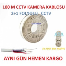 10 Adet Bnc Li 100Metre 2+1Cctv Cc Tv Kamera Montaj Kablos