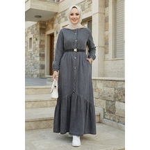 Hb Harma Time Butik Kadın Düğmeli Kuşaklı Koyu Gri Kot Elbise Koyu Gri Koyu Gri