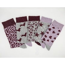 Socks Daily 5 Çift Kadın Pamuklu Günlük, Spor, Desenli Eğlenceli Soket Çorap Mor