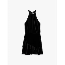 Koton Slim Fit Kolsuz Fırfırlı Halter Yaka Kadife Mini Elbise Siyah 6wak80171fk Siyah