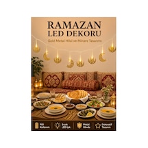 Minareli Hilal Led Işık Gold Metal Gövdeli Pilli Ramazan Dekoru Renkli Renkli