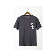 Erkek Antrasit Astronot Önü Baskılı Bisiklet Yaka Oversize Rahat Kalıp Basic T-shirt 22y-3400761-3 Antrasit