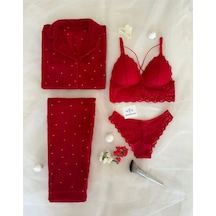 Mh Moony Homewears Kalpli Premium Termal 4'lü Kırmızı Iç Giyim Pijama Seti Kırmızı