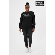 Süperlife Kadın Büyük Beden El Yazılı California Baskılı Bisiklet Yaka İnce Sweatshirt Spr26bswk956-7 Siyah