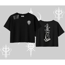 Tarzsokak Dj Kedi Baskılı Müzik Temalı Oversize Crop Tshirt Siyah