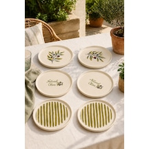 Oliva 6 Lı Stackable Seramik Pasta Tabağı Seti 20 Cm Zeytin Desenli Tatlı Ve Servis Tabağı Beyaz