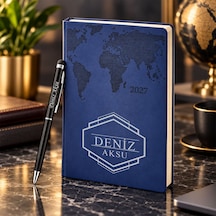 Bk Gift Kişiye Özel 378 Termo Deri Tarihli Ajanda & Siyah Touch Pen Tükenmez Kalem-4 Lacivert