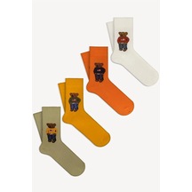 Mono Socks - 4'lü Teddy Bear Pamuklu Çorap-Teddy 4lü Yeşil Sarı Turuncu Beyaz