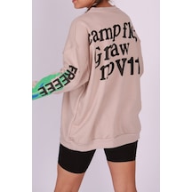 Madmext Mad Girls Bej Baskılı Oversize Sweatshirt Mg1206