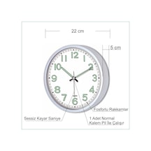 Beyaz Zemin Beyaz Kasa Fosforlu 22 Cm Sessiz Çalışan Duvar Saati Beyaz