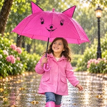 Mubx Kedi Kulaklı Çocuk Şemsiyesi 76 Cm Çap Sevimli Figürlü Düdüklü Yağmur Şemsiyesi Pembe