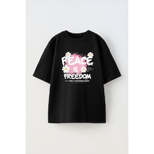 Thewert Unisex Peace İs Freedom Tasarım Baskılı Pamuk Sıyah Oversize T-shirt Siyah