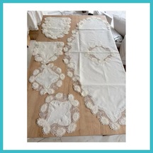 Bezos Salon Takımı Çeyizlik Krem Runner Set 5 Parça Keten Masa Örtüsü Runneri Flowers Dfnbez