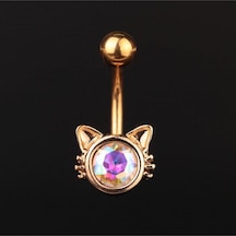Zirkon Taşlı Kedi Model Göbek Piercingi Kedi Göbek Piercingi Gümüş - Altın