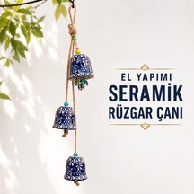 3'lü El Yapımı Seramik Rüzgar Çanı, Nazar Boncuklu Bahçe Ve Balkon Süsü, Jüt Halatlı Çiçek Motifli Duvar De