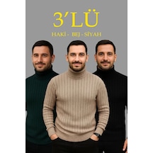 Erkek Fitilli Triko Kazak 3'lü Set Bej Haki Siyah Regular Balıkcı Yaka Tam Boğazlı Triko Çok Renkli