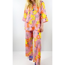 Modaonna Kadın Pembe Renk Vintage Desen Gömlek Pantolon Takım Pembe