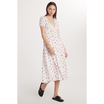 Tudors Kadın Slim Fit Dar Kesim Kısa Kollu Baskılı Gofre V Yaka Beyaz Elbise-33538 Beyaz - Pembe