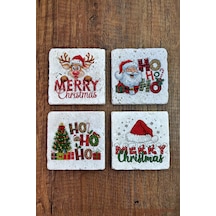 Doğal Taş Bardak Altlığı - Mery Christmast Baskılı 10x10cm Yeni Yıl Stone Coasters 490 Çok Renkli
