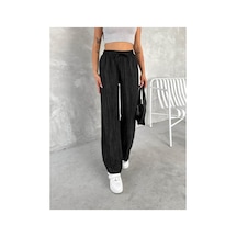 Gugus Trend Kadın Beli Lastikli Bol Paça Wide Lige Eskitme Keten Pantolon Siyah
