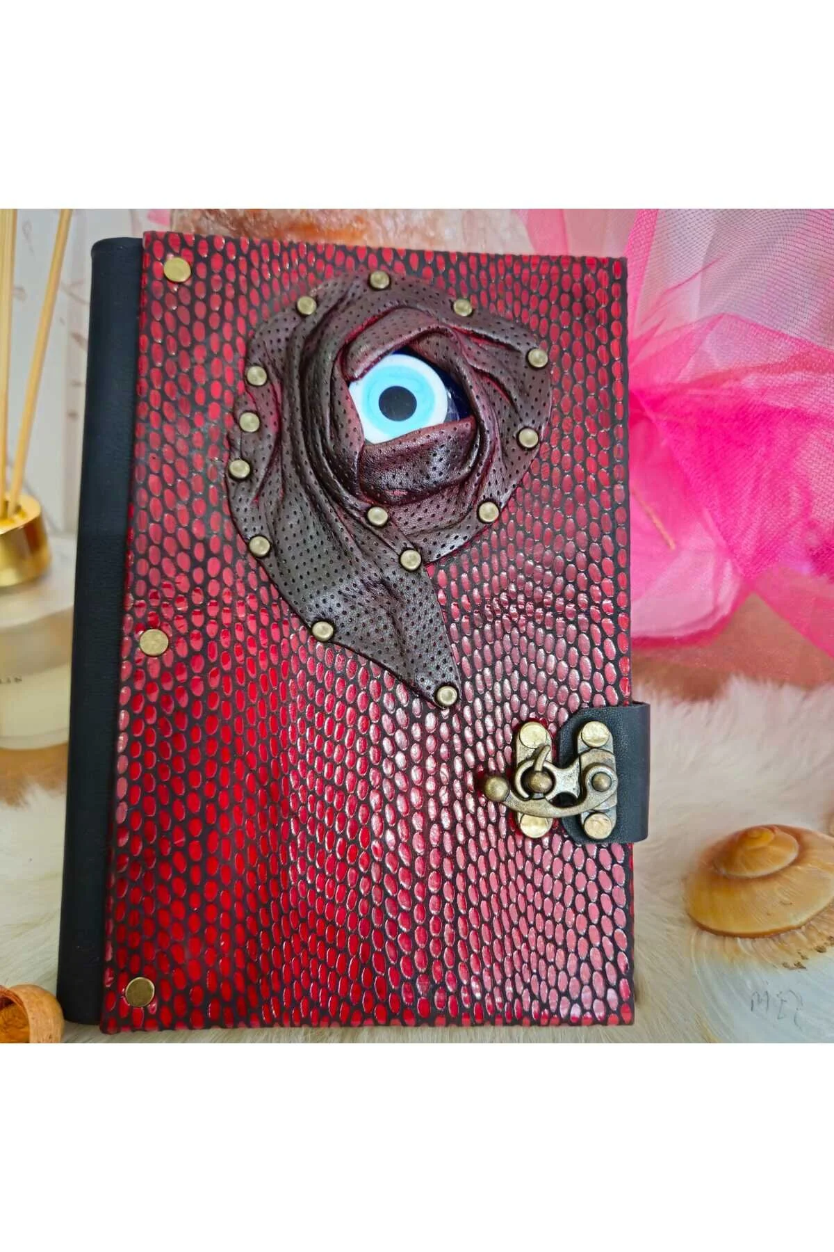Hakiki Deri Italyan Baskili Özel Desen Nazar Boncuğu El Yapımı Defter Bordo