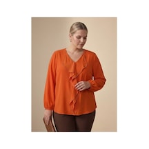 Hanezza Büyük Beden Şık Fırfırlı Abiye Bluz - İğne Oyası Boncuk Detaylı - Jessica Kumaş Tüm Varyantlar Taba - 681899712 Taba